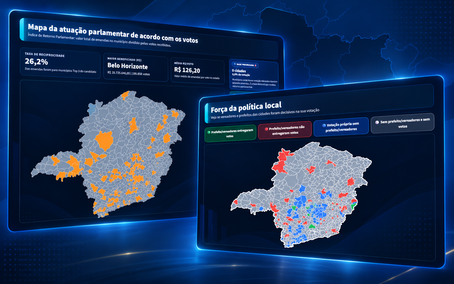Ilustração do Impacto Político com mapas de Minas Gerais sobre atuação parlamentar, emendas e força de prefeitos e vereadores.