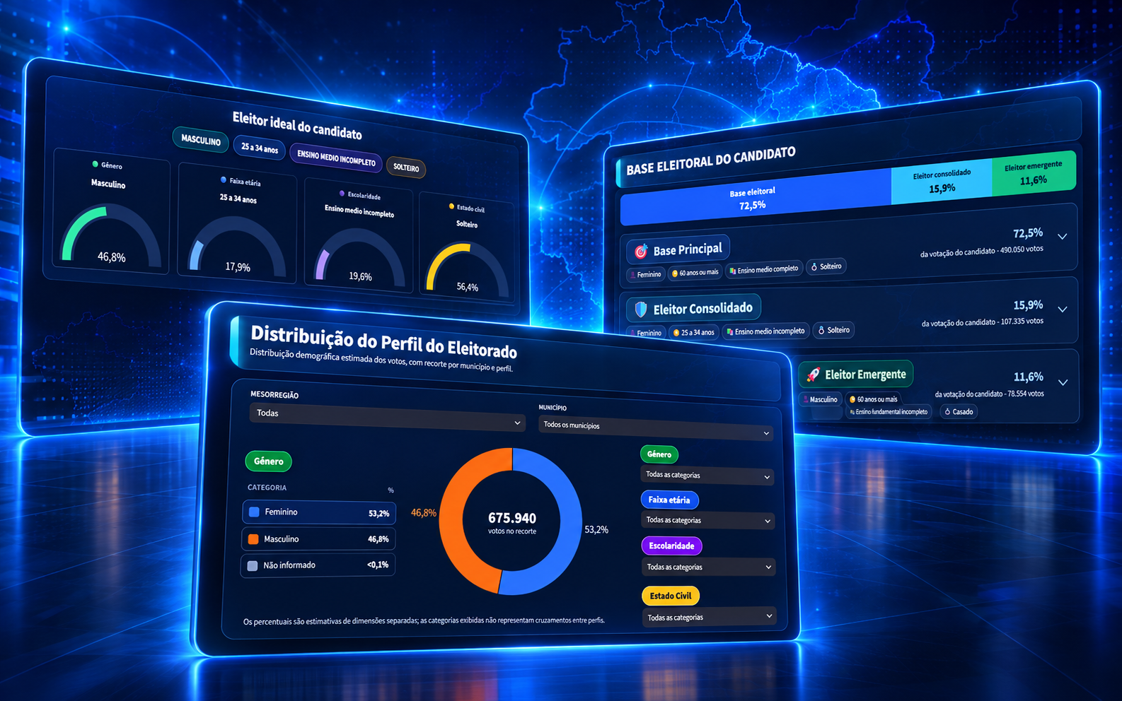 Ilustração do DNA do Eleitor com perfil demográfico, base eleitoral e gráficos do eleitorado.